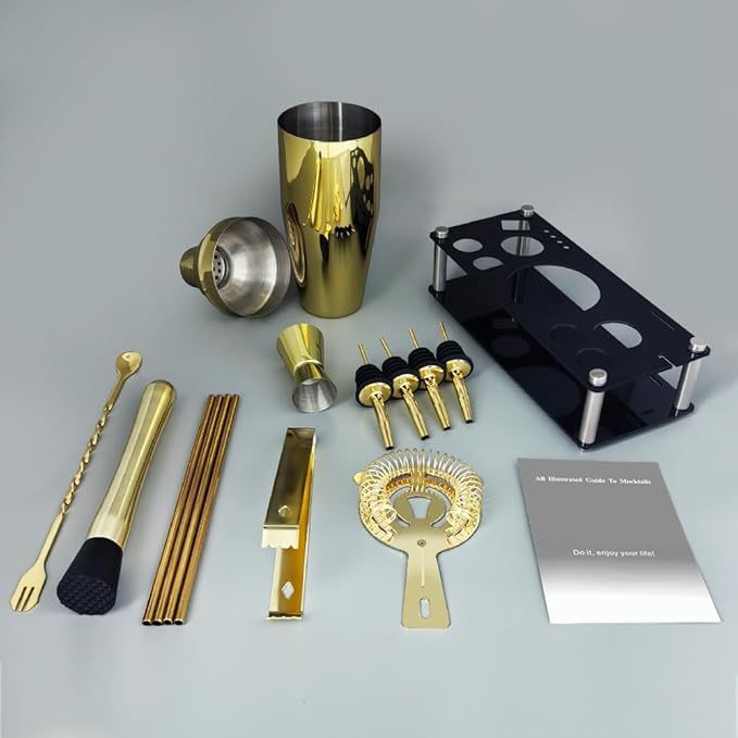 14-Piece Cocktail Shaker Set Bartender Kit with Black Stand, Bar Tool Set for Drink Mixing Bartending Kit Bar Sets Accessories: 750ml(25oz) Shaker, Jigger, Muddler, Cocktail Recipes (Gold)-HomvellaHome