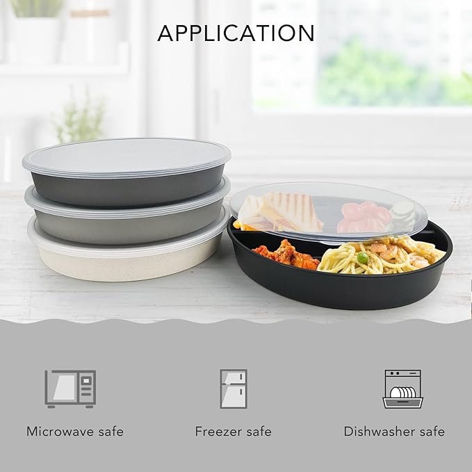 greenandlife 9 Inch 4PCS Divided Plates with Lids, Portion Control Plates for Kids Adults, Dishwasher Microwave Safe Compartment Plate, Unbreakable Lightweight Reusable Wheat Straw Plate, Grey Black-HomvellaHome