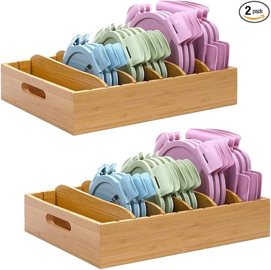 2 Pack Bamboo Lid Holder Food Container, Kitchen Organizer with 5 Adjustable Dividers, Cabinet Organizer for Food, Kitchen Gadget, Container Lids-HomvellaHome