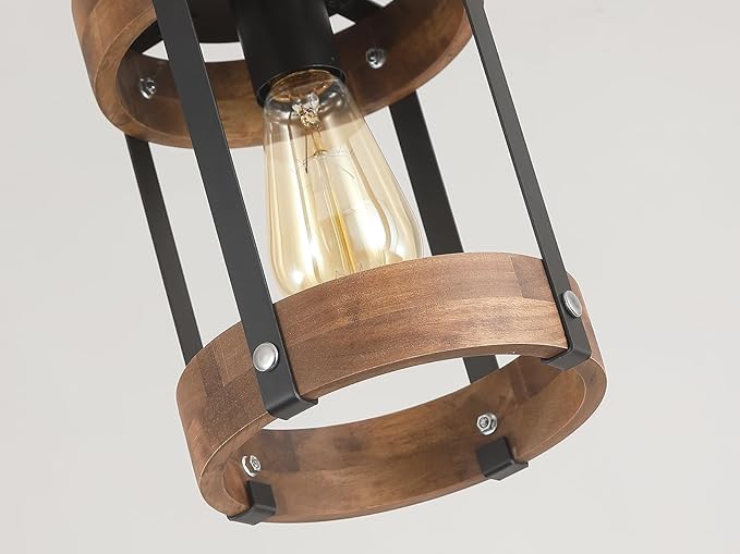 2 Pack Rustic Farmhouse Wood Pendant Light Fixture One-Light Adjustable Chain Oak Wood and Metal Drum Cage Small Pendant Lighting for Kitchen Island Sink Hallway Farmhouse Bathroom Bar, Black-HomvellaHome