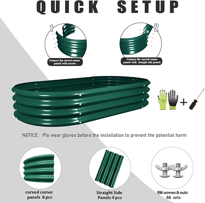 2 Pack 4x2x1FT Galvanized Raised Garden Bed Kit Oval Metal Ground Planter Box Outdoor Bottomless Planter Raised Beds for Vegetables Flowers Herbs Fruits, Green-HomvellaHome