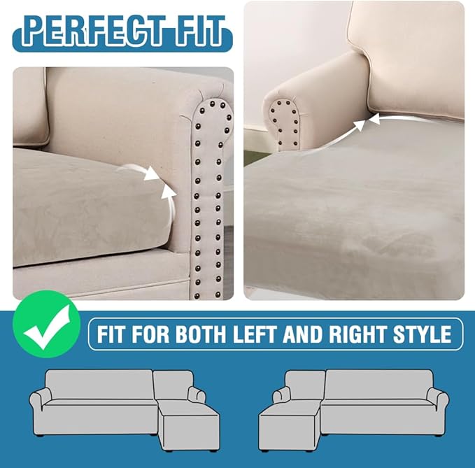 H.VERSAILTEX Velvet Stretch 3-Piece L Shape Sectional Couch Covers (Large 2 Seater + 1 Chaise, Oatmeal)-HomvellaHome