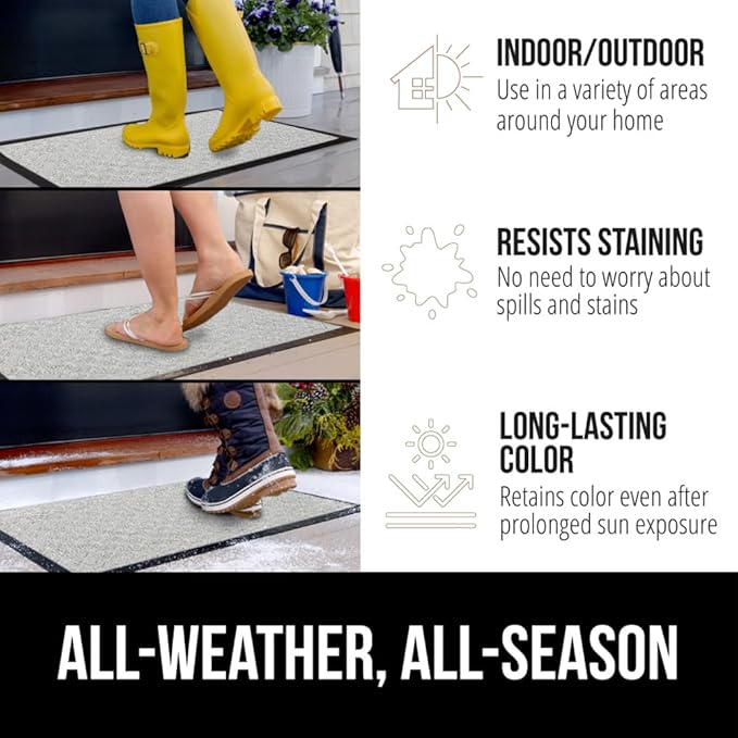 GORILLA GRIP 100% Waterproof All-Season WeatherMax Doormat US Designed Natural Rubber, Stain and Fade Resistant, Low Profile Indoor Outdoor Door Mats, Easy Clean Patio Mat, 17x29, Light Gray-HomvellaHome