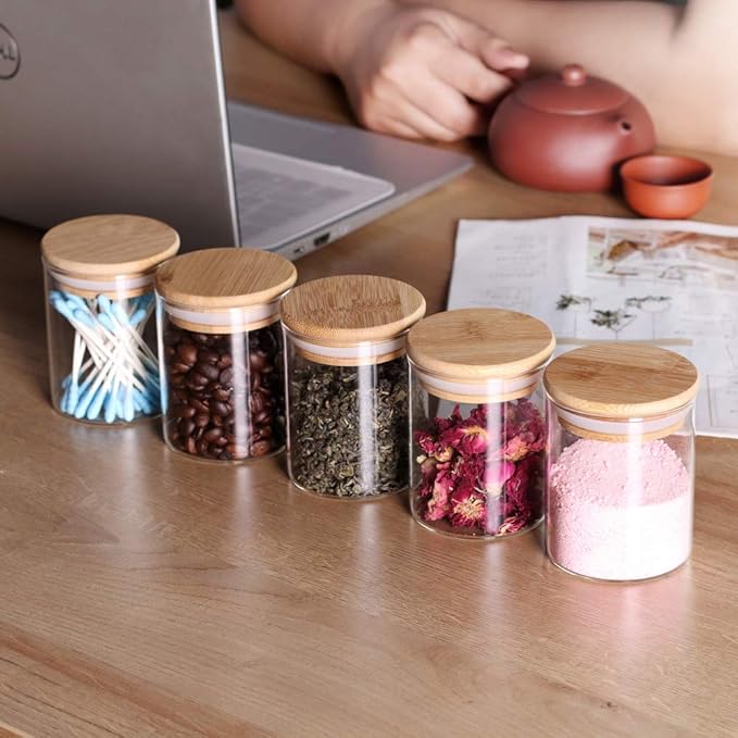 Glass Jars Set,Upgrade Spice Jars with Wood Airtight Lids and Labels, 6oz 12 Piece Small Food Storage Containers for Home Kitchen, Tea, Herbs, Sugar, Salt, Coffee, Flour, Herbs, Grains…-HomvellaHome