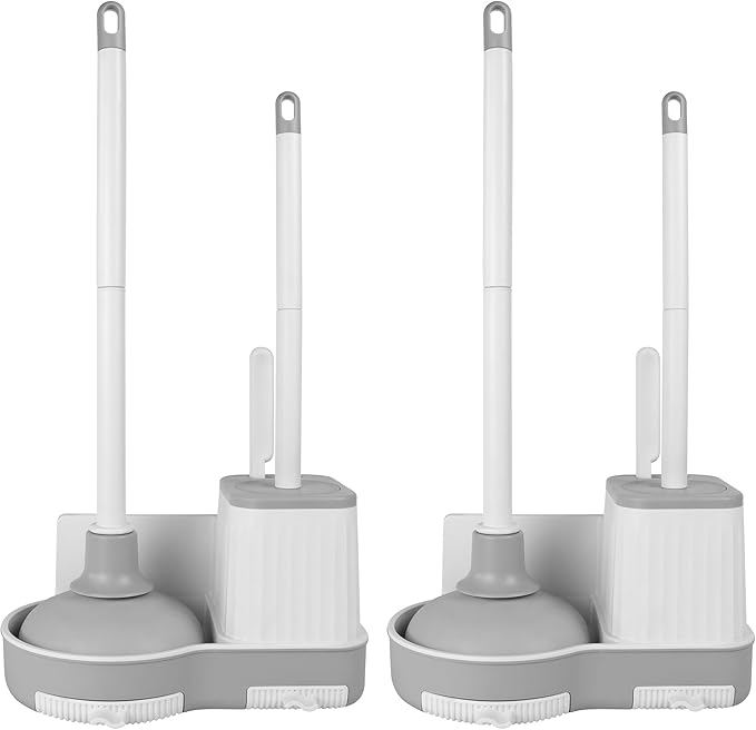 2 Pack Toilet Brush and Plunger Set, 3 in 1 Toilet Bowl Brush and Holder with Crevice Cleaning Brush Wall Mounted Household Bathroom Cleaning Tools Combo(2)-HomvellaHome