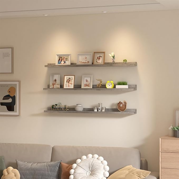 Giftgarden 47 Inch Gray Floating Shelves for Wall Mount, Grey Wood Wall Shelf Ledge for Bathroom Bedroom Living Room Kitchen Storage, Set of 3 Different Sizes-HomvellaHome