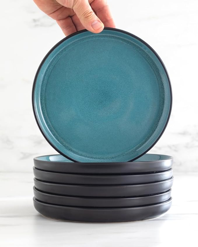 12 Piece Dinnerware Sets for 4 - Modern Style Stoneware Dinnerware Set - Scratch Resistant, Dishwasher Safe Plates and Bowls Sets Ceramic, Dish Set, Bowl and Plate Set - Black and Petrol Blue…-HomvellaHome