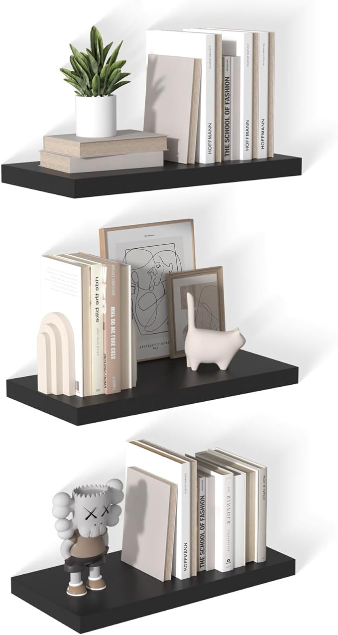 12 Inch Deep Floating Shelves for Wall 3 Pack Floating Shelves Large Storage Space Wall Mount Shelf for Living Room Kitchen Bathroom 24" W x 12" D x 1.2" H Black-HomvellaHome