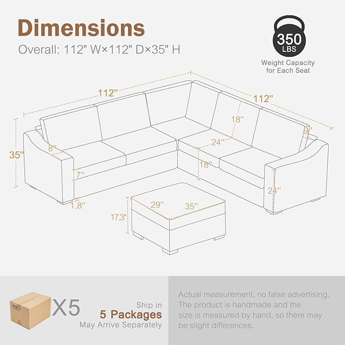 112" Modular Sectional Sofa, Large 7 Seater L Shaped Couch with Detachable Sofa Cover, Movable Ottoman, Deep Seat Corner Couch for Living Room, Apartment - Linen Fabric, Ivory-HomvellaHome