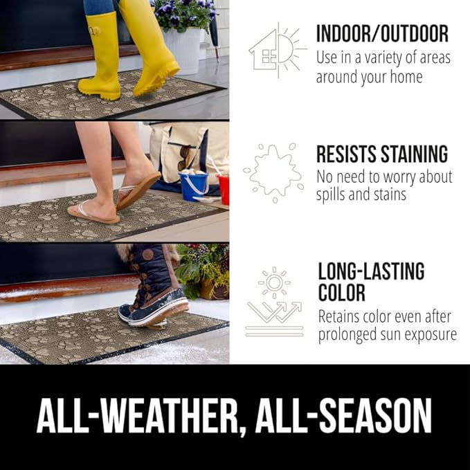 GORILLA GRIP 100% Waterproof All-Season WeatherMax Doormat US Designed Natural Rubber, Stain and Fade Resistant, Low Profile Indoor Outdoor Door Mats, Easy Clean Patio Mat, 17x29, Tan Pawprints-HomvellaHome