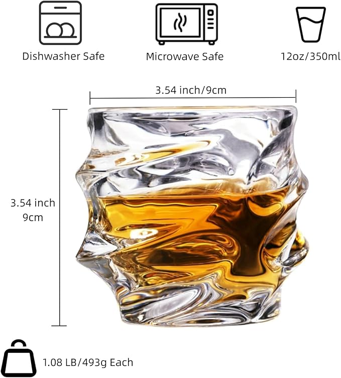 12 oz Hand Blown Crystal Whiskey Glasses Set of 4, Unique Cognac Glass, Heavy Thick Bottom Bar Glass for Scotch Bourbon Rum Gin Water Cocktail,Gifts Men Gifts Ideas-HomvellaHome