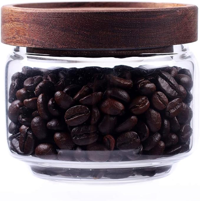 Glass Coffee Containers, 8.5 FL OZ/250 ml Kitchen Serving Food Storage Canister with Sealed Wooden Lid, BPA-Free Clear Glass Jar for Tea Leaves, Powder, Spice(3.06 inch)-HomvellaHome