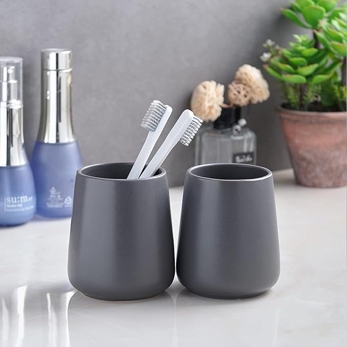 Grey Toothbrush Holder for Bathroom - Ceramic Tooth Brushing Holders, Toothpaste Holder, Reusable Toothbrush Mouthwash Cup, Space-Saving Design for Bathroom Countertop-HomvellaHome