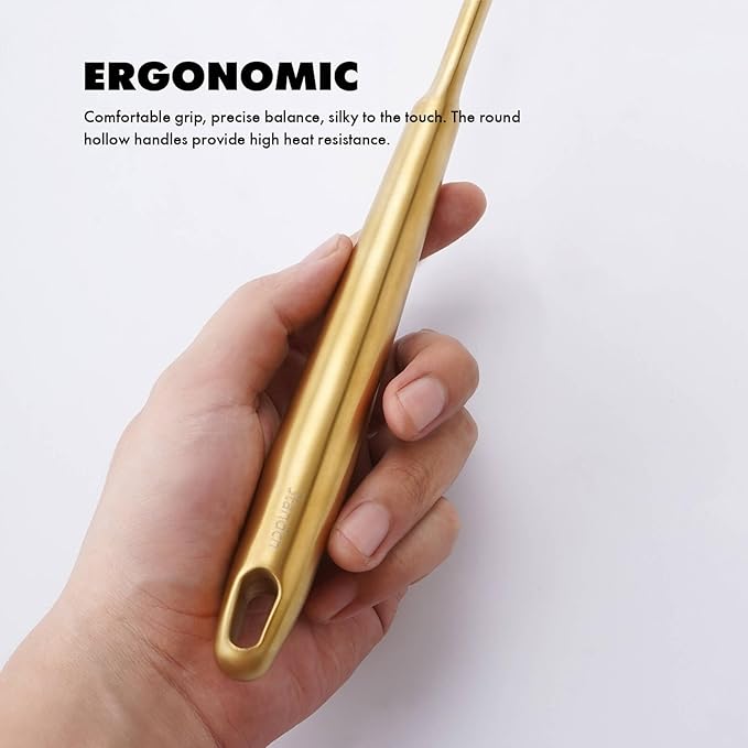 Gold Kitchen Utensils Set, 12 PCS Brass Matte Serving Utensils, 18/10 Stainless Steel All Metal Cooking Tools - Potato Masher, Tongs, Meat Fork, Spatula, Turner, Ladle, Skimmer, Spaghetti Spoon Set-HomvellaHome