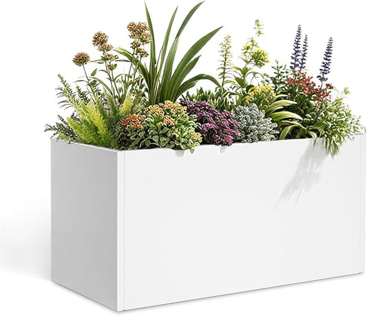 Galvanized Steel Garden Planter - White Matt Galvanized Metal Planter Box - Modern Metallic Heavy Planter - Indoor & Outdoor, Commercial & Residential (White, L36 x W12 x D16)-HomvellaHome