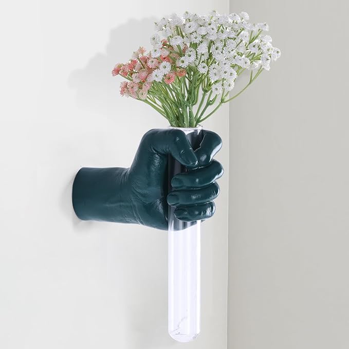 Green Wall Sculptures, Hand Vases Home Decor, Wall Mount Art Sculpture, Unique Wall Art Statue, Funky Flower Vase Decorations, Modern Eclectic Hanging Decor,Glass Test Tube Vase-HomvellaHome