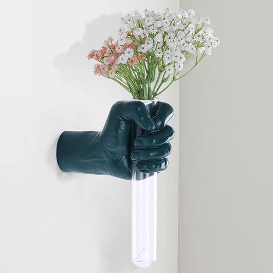 Green Wall Sculptures, Hand Vases Home Decor, Wall Mount Art Sculpture, Unique Wall Art Statue, Funky Flower Vase Decorations, Modern Eclectic Hanging Decor,Glass Test Tube Vase-HomvellaHome