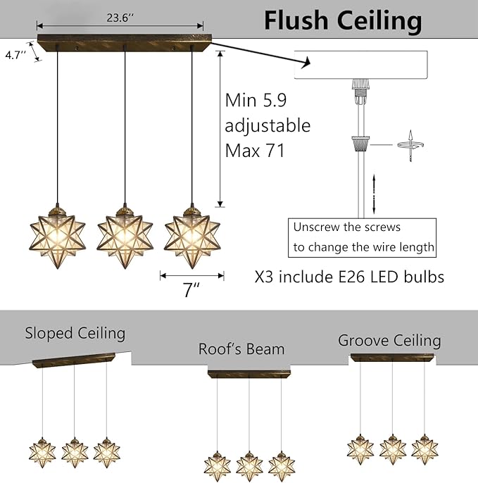 Glam Chandelier 3 Lights Glass Star Pendant Lights for Dining Table Kitchen Island Modern Ceiling Hanging Lights Included LED Warm Light Bulbs Oiled Bronze-HomvellaHome