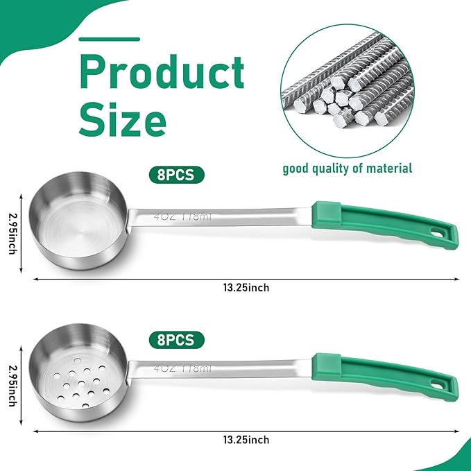 16 Pcs Portion Control Serving Spoons, Restaurant Measuring Serving Ladle Utensils, Portion Control Slotted Scoops for Weight Loss, Solid and Perforated Scoops(Green,4 oz)-HomvellaHome