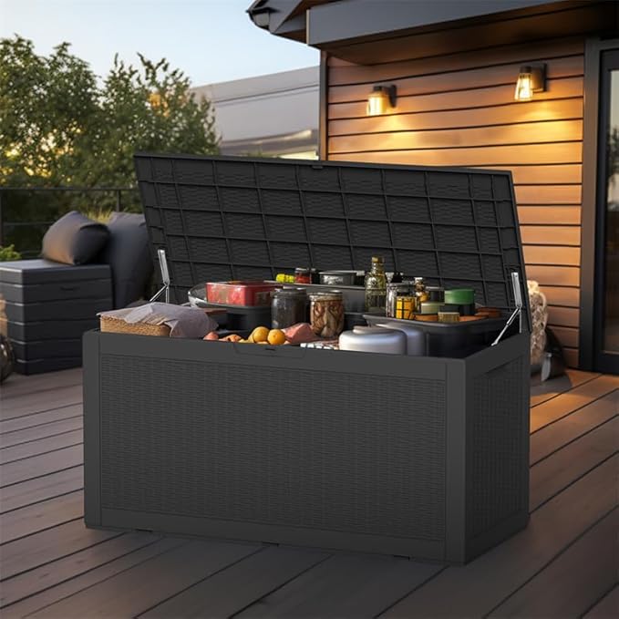 100 Gallon Outdoor Deck Box,Storage Lockable Waterproof Patio Furniture,Garden Tools,Cushions,Pool Accessories Outside Storage Resin Box(Black)-HomvellaHome