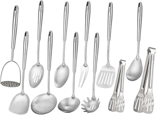 18/10 Stainless Steel Kitchen Utensils Set - 12 PCS All Metal Cooking Tools & 15″ Serving Utensils - Potato Masher, Meat Fork, Tongs, Turner, Pasta, Serving Spoon, Skimmer, Ladle, Spatula Spoon Set-HomvellaHome