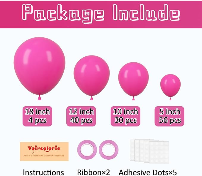 130pcs Hot Pink Balloons Different Sizes 18" 12" 10" 5" Dark Pink Balloons for Birthday Graduation Baby Shower Wedding Anniversary Princess Theme Party Valentine's Day Decorations-HomvellaHome