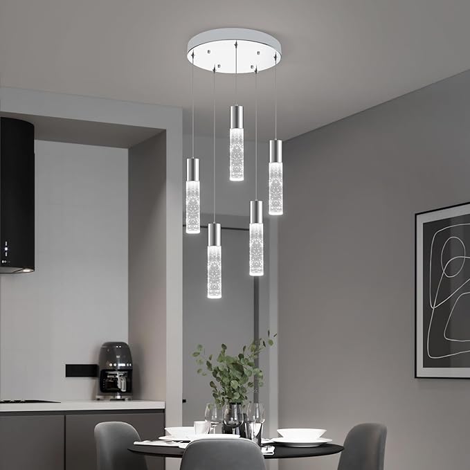 OKELI Smart Dimmable LED 5-Light Pendant Light for Kitchen Island, 18W 1350LM Modern Bubble Crystal Island Light Fixture with TUYA App & Voice Control, Adjustable 3000K-6000K, Electro-Chrome-HomvellaHome