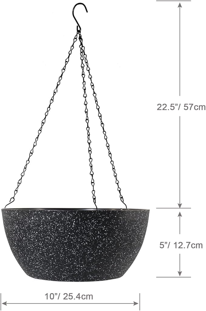 10 inch Hanging Planters for Outdoor Indoor Plants with Drainage Holes and Chain, 2 Pack Round Hanging Flower Pots for Garden Home Porch Decor, Speckled Black-HomvellaHome