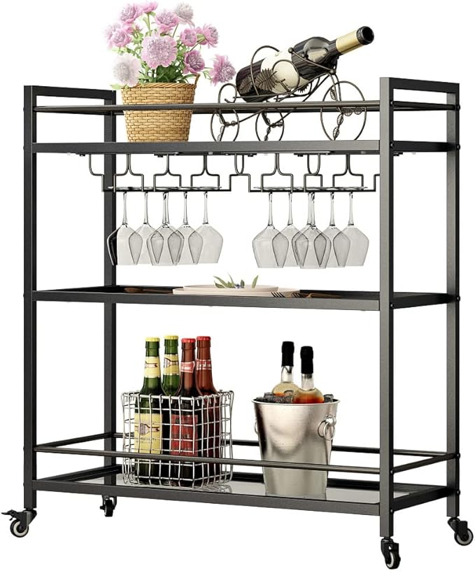 Glass Black Bar Carts for Home with Hanging Wine Rack - Home Bar Serving Cart with 3 Mirrored Shelves, Kitchen Bar Carts, Wine Cart for Entertaining, Club Party.-HomvellaHome