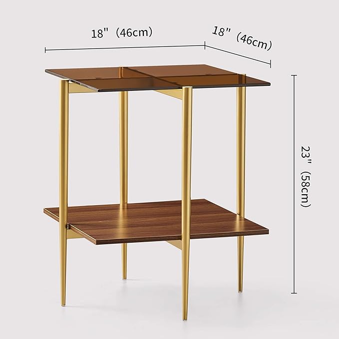 Glass End Table, Mid-Century Modern Design Sofa Table, L41 x W21 x H17, for Living Room, 2-Tier Structure, Clear Glass Top and Walnut MDF Shelf, Sleek Conical Metal Legs with Gold Finish Frame-HomvellaHome