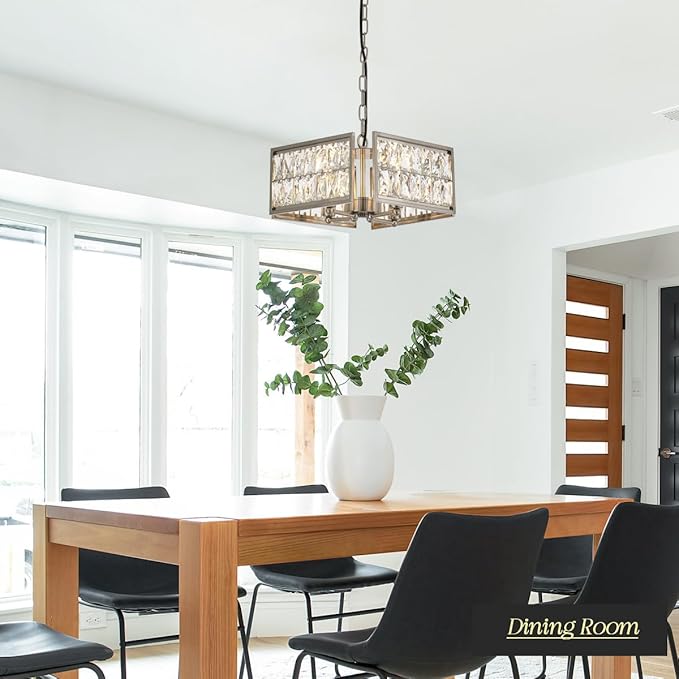 12” 4-Light Modern Crystal Chandeliers Nickel Dinning Room Light Fixture, Square Pendant Light Kitchen Island Chandelier, Flush Mount Ceiling Light for Living Room Entryway Bedroom Foyer-HomvellaHome