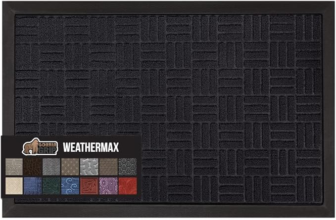GORILLA GRIP 100% Waterproof All-Season WeatherMax Doormat, 60x24, US Designed Natural Rubber, Stain and Fade Resistant, Low Profile Indoor Outdoor Door Mats, Easy Clean Patio Mat, Midnight Maze-HomvellaHome