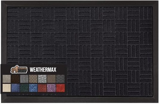 GORILLA GRIP 100% Waterproof All-Season WeatherMax Doormat, 60x24, US Designed Natural Rubber, Stain and Fade Resistant, Low Profile Indoor Outdoor Door Mats, Easy Clean Patio Mat, Midnight Maze-HomvellaHome