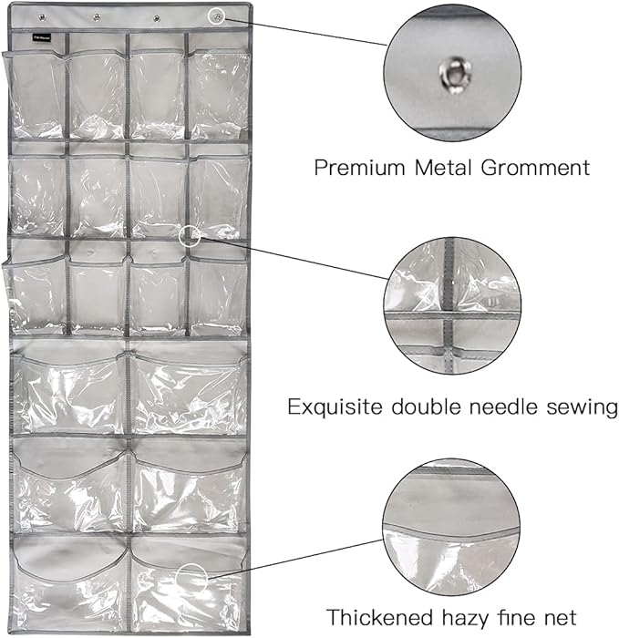 2 Pack Extra Large Hanging Crystal Clear Over Door Shoe Organizers, Closet Shoe Rack Organizer, 12+6 Pockets, 8 Hooks, Grey (59" x 21.6")-HomvellaHome