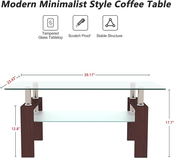 Glass Coffee Table for Living Room, Mordern Sofa Center Tables with Storage, Brown Metal Leg, Rectangle Tempered Glass Center Table Home Furniture-HomvellaHome