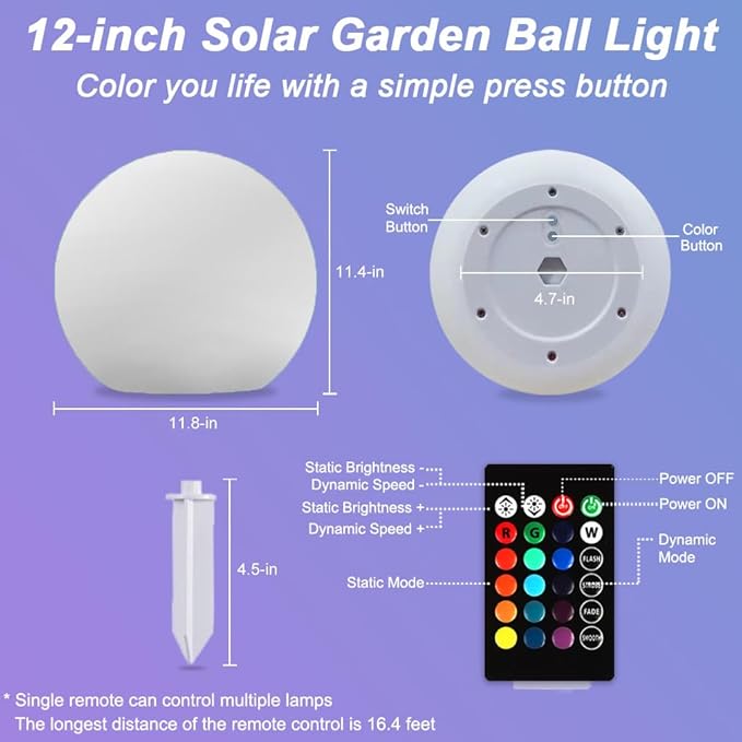 12 Inch Solar Glowing Ball Light Outdoor, Solar Garden Globe Light w/Remote, RGB Color Changing Waterproof Large LED Orb Lights, Landscape Lighting Mood Lamp w/Ground Stake for Patio Yard Lawn Path-HomvellaHome