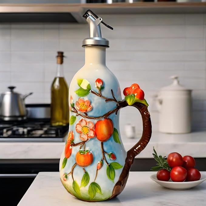 18 Oz Hand Painted Relief Ceramic Olive Oil Bottle Dispenser for Kitchen, Oil and Vinegar Bottle, Seasoning Bottle with Stainless Steel Nozzle, 540mL Oil Container with Handle for Cooking, Light Proof-HomvellaHome