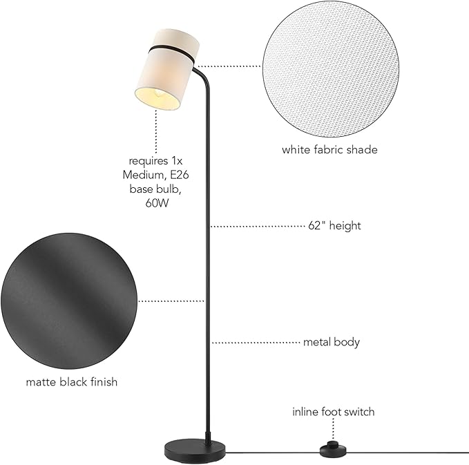GLOBE Electric 61000145 62" Floor Lamp, Matte Black, White Fabric Shade, in-Line of/Off Foot Switch, 6-Foot Black Cord, Reading Light, Bedroom, Living Room, Home Decor-HomvellaHome