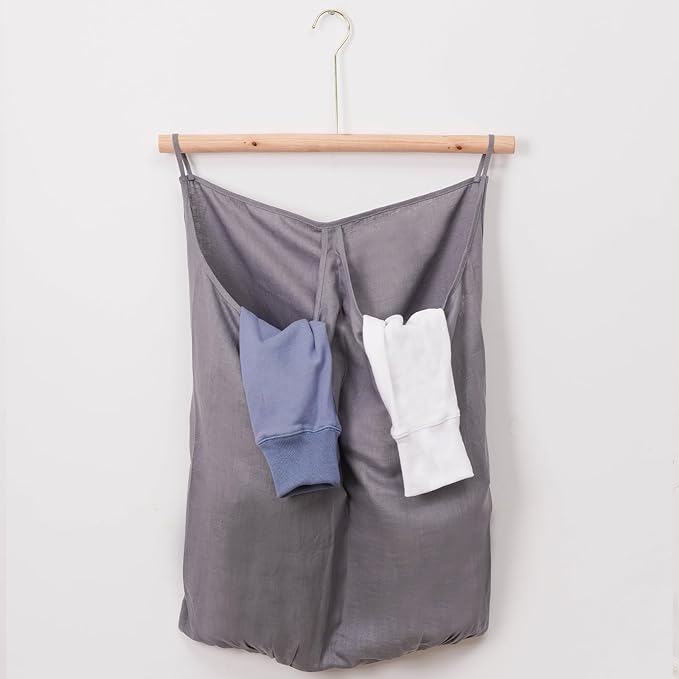 100% Pure Linen Dual Hanging Laundry Bag with 2 Deep Pocket and 2 Side Zipper 20x27in, Over The Door Laundry Hamper Space Saving Hampers for Dirty Clothes Home Travel, Grey-HomvellaHome