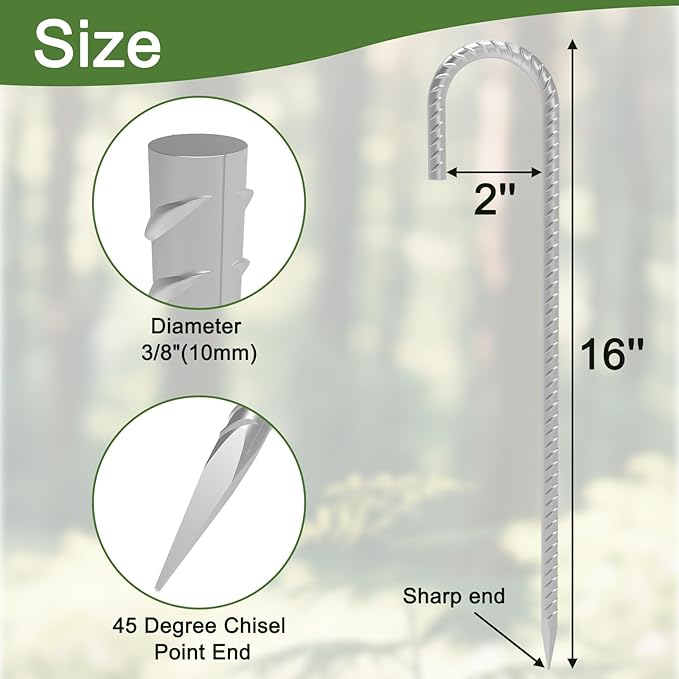 16 Inch 28 Pack Rebar Stakes, 3/8" Diameter J Hook Steel Ground Anchor Stakes, Heavy Duty Galvanized Tent Stakes, Metal Fence Stakes for Outdoor Decoration Yard Inflatables Gardening-HomvellaHome