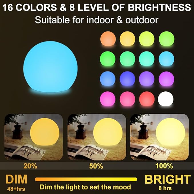 10 In LED Globe Light w/Remote, 16 RGB Colors 4 Modes & 8 Dimmable Brightness LED Ball Light Sphere Lamp, Rechargeable Orb Night Light Waterproof Outdoor Globe Lamp for Home/Yard/Lawn/Party/Pool Decor-HomvellaHome