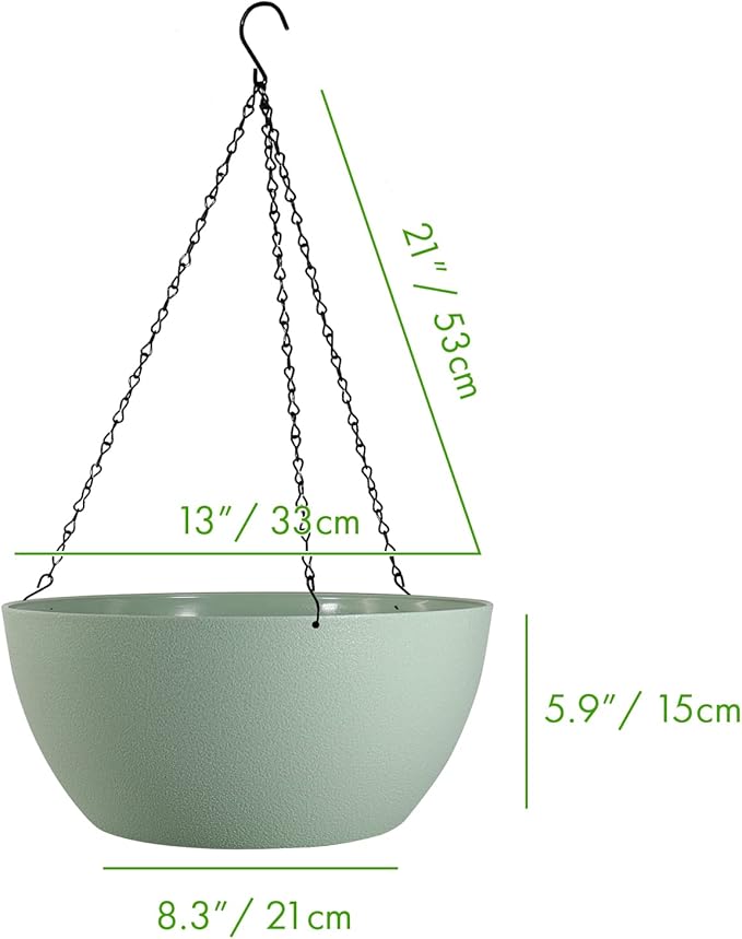 13 inch Large Hanging Planters Plant Pots for Outdoor Indoor Plants with Drainage Holes and Chain, 2 Pack Round Hanging Flower Pots for Garden Home Porch Decor, Green-HomvellaHome