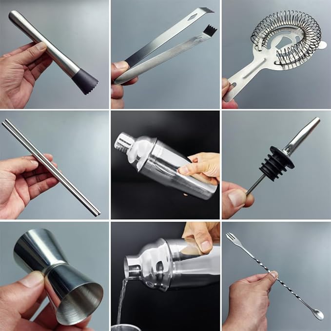 14-Piece Cocktail Shaker Set Bartender Kit with Black Stand, Bar Tool Set for Drink Mixing Bartending Kit Bar Sets Accessories: 750ml(25oz) Shaker, Jigger, Muddler, Cocktail Recipes (Silver)-HomvellaHome