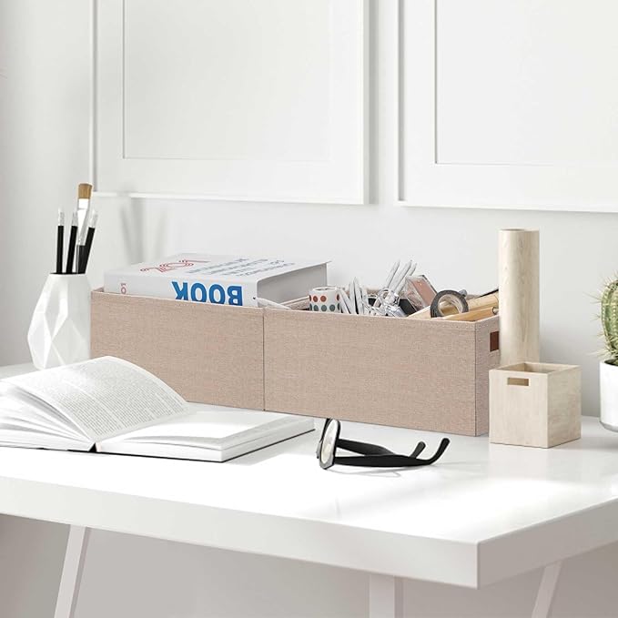 GhvyenntteS Small Fabric Storage Bins 6 Pack, 11.8" x 7.87" x 5.11" Storage Basket with Leather Handles, Closet Storage Bins for Shelves, Storage Baskets for Shelves, DVD Storage (Beige Yellow)-HomvellaHome