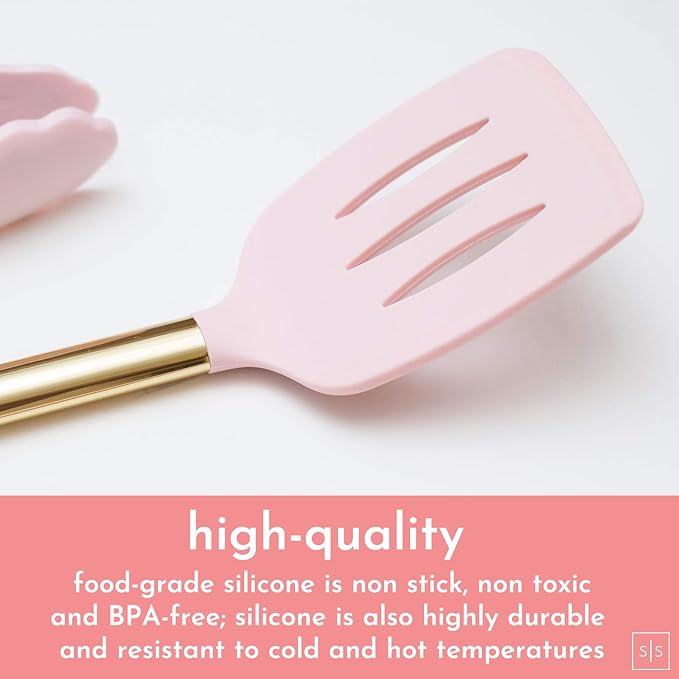 Gold and Pink Kitchen Utensil Set with Holder - 7-Piece Cooking Tools with Gold Whisk, Ladle, Tongs, Turner, Spatula, and Spoon - Stylish Pink Kitchen Accessories for Modern Cooking & Serving-HomvellaHome