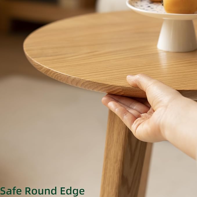 100% Solid Oak Wood Coffee Table Set, Round Coffee Table Combo Side Table w/Solid Wood Legs, Mid Century Table Sturdy Tables for Bedroom Balcony Living Room (Natural, 3 Pieces)-HomvellaHome