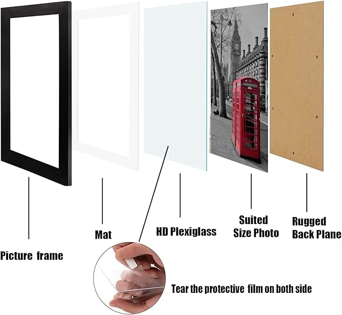 11x14 Picture Frame Set of 6, Display Pictures 8x10 with Mat or 11x14 Without Mat for Wall Mounting,Black-HomvellaHome