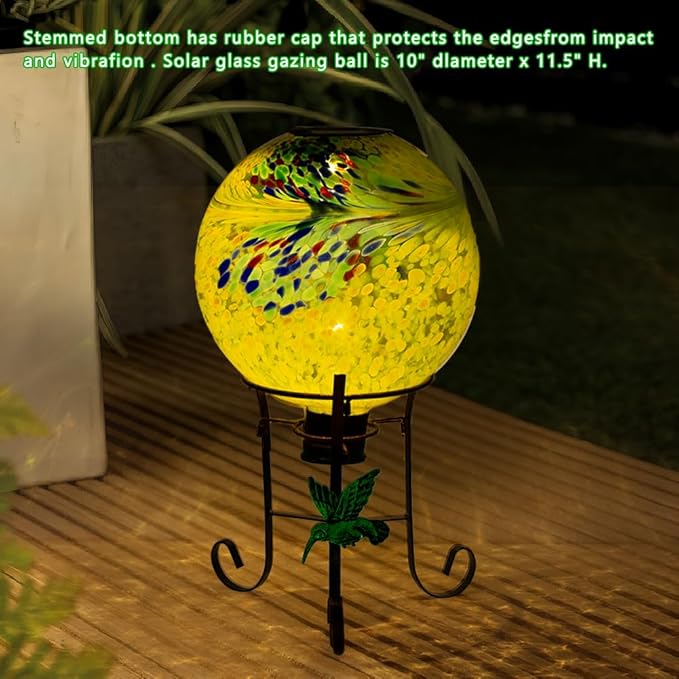 10" Diameter Solar Gazing Ball and 8.5" Metal Stand Indoor Outdoor Glass Globe Sphere Yard Art Ornament Solar Gazing Balls for Garden,Lawn,Porch,Patio Gardening Gift for Women(Yellow)-HomvellaHome