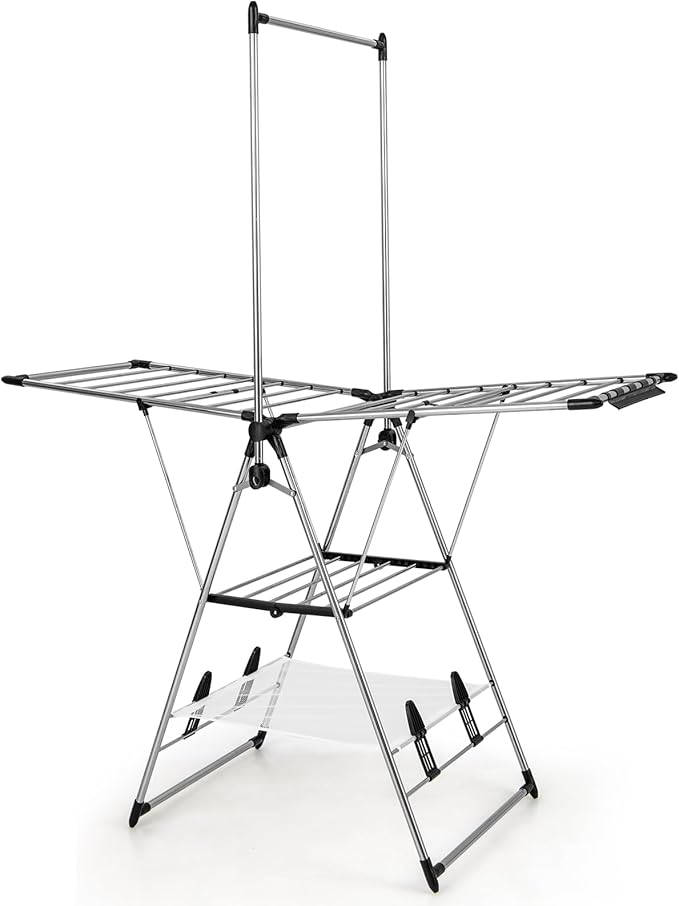 Giantex Clothes Drying Rack, Foldable Laundry Drying Rack with with 6-Level Adjustable Height, High Hanger Design, Side Clips, Space Saving Collapsible Laundry Drying Rack-HomvellaHome