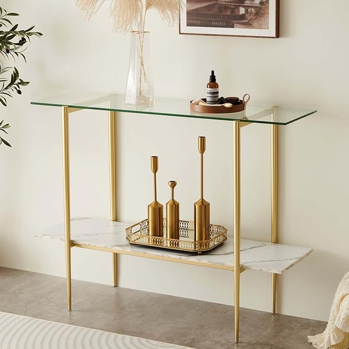 Glass Console Table for Living Room, Foyer & Entrance, 2-Tiers Mid-Century Modern Sofa Table with Clear Glass Top, White Marble Finish Wood Shelf and Gold Finish Frame-HomvellaHome